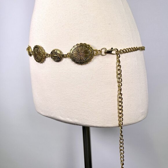 VTG 70s Gold Tone Medallion Concho Chain Waist Belt Boho Hippie Festival 26-40”